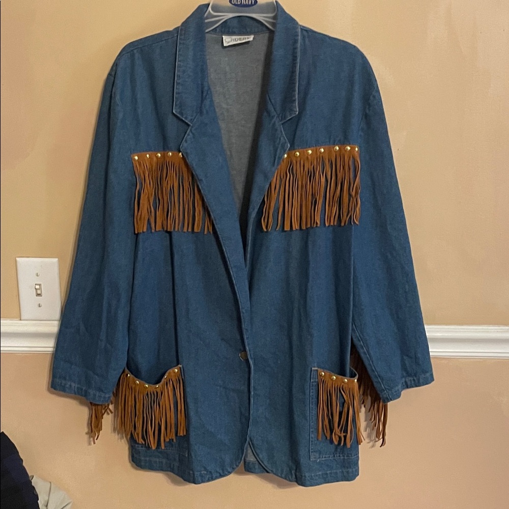 Vintage blue Denim Jacket with Fringe Accents